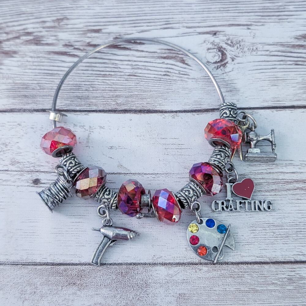 Crafting Charm Bracelet Red & Silver Tone - Fair Condition